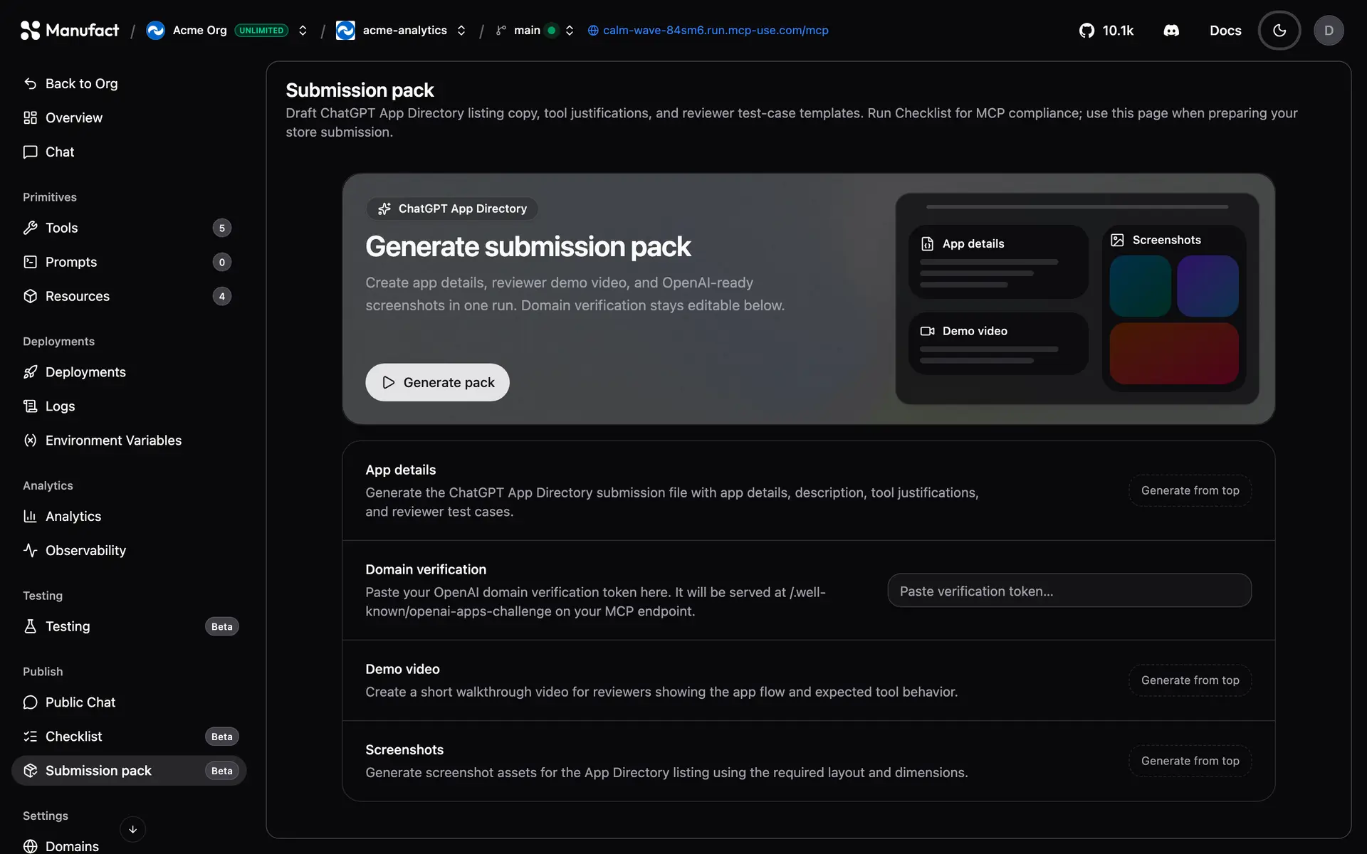 Manufact Submission pack page with one Generate pack button above the app details, demo video, and screenshots sections