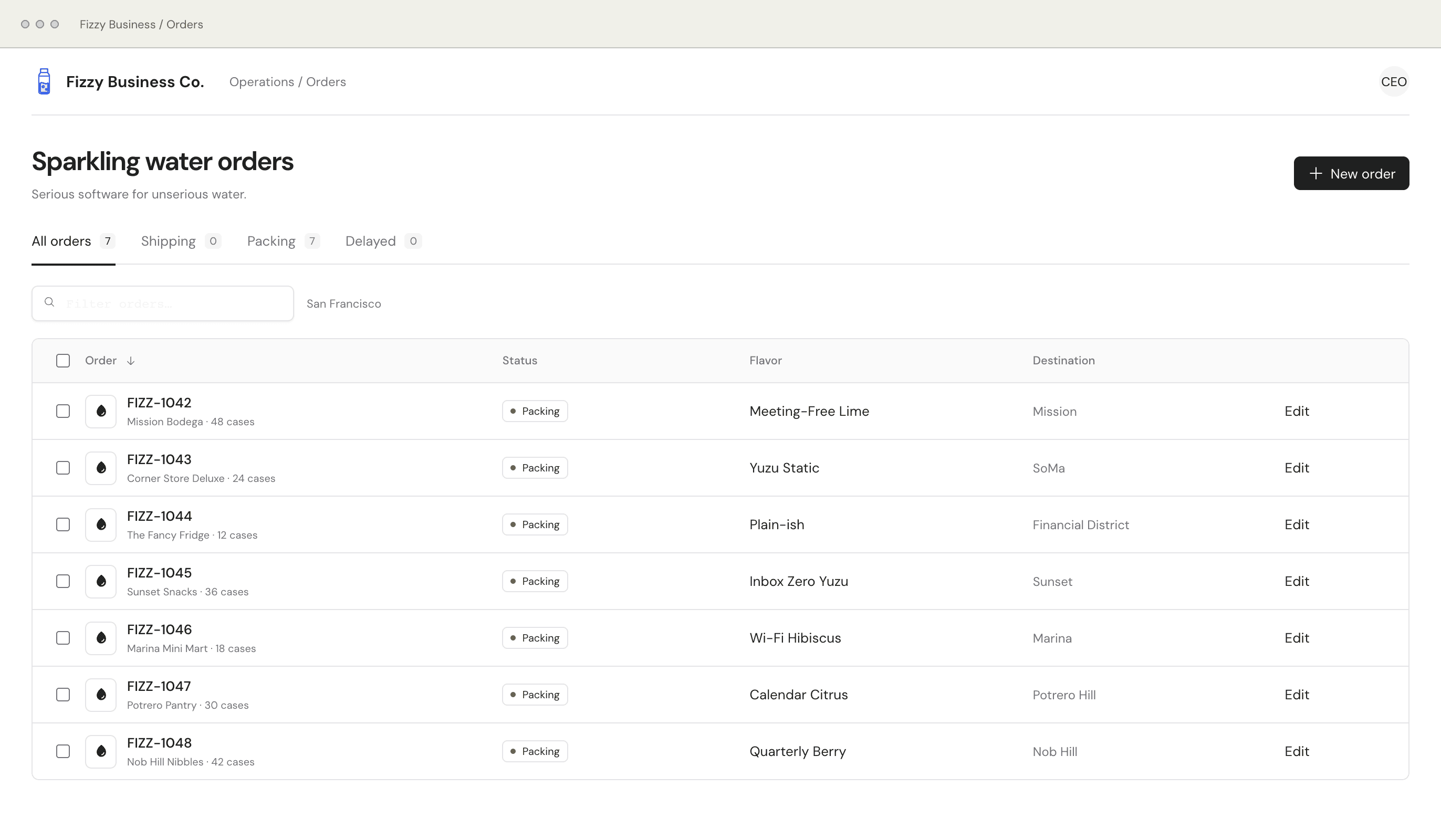 Fizzy Business order dashboard: seven sparkling water orders with status tabs, a search filter, and an Edit action per row