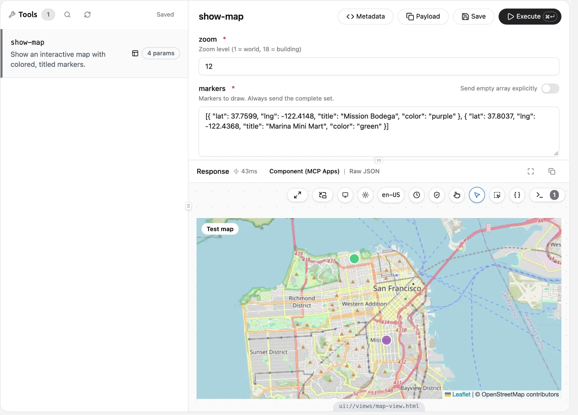 The mcp-use Inspector calling show-map with two markers and rendering the Leaflet map view