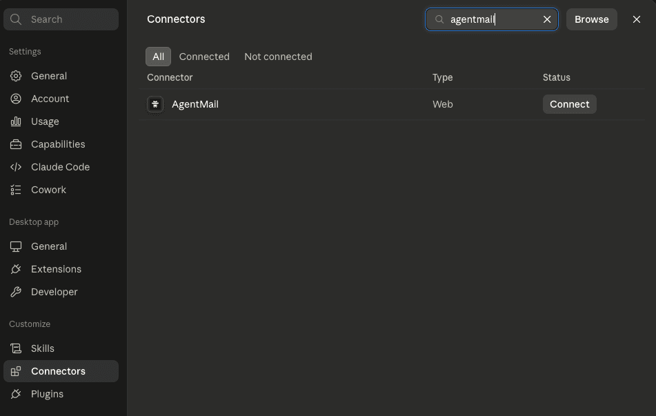 AgentMail connector available in Claude settings