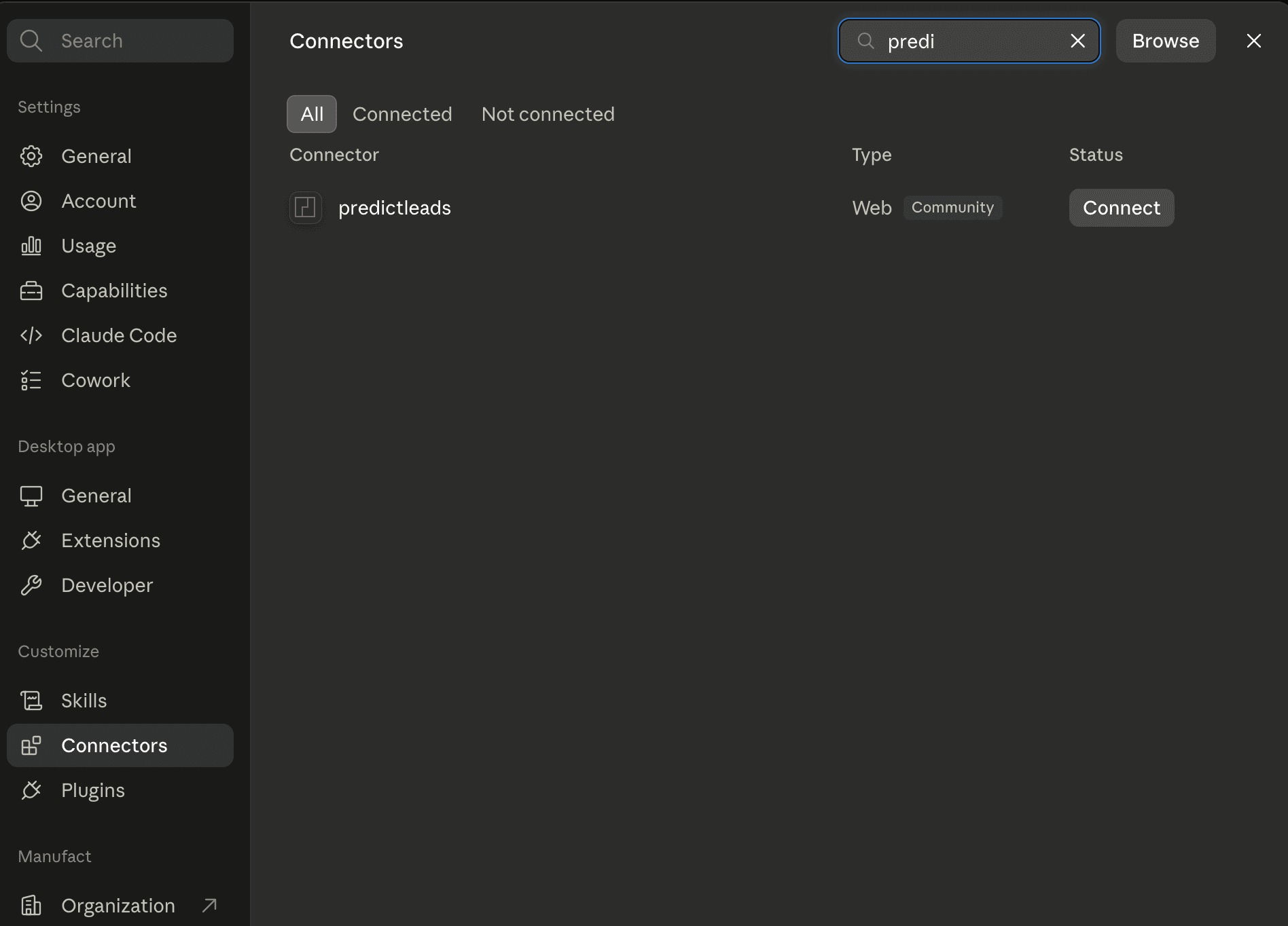 PredictLeads connector live in Claude