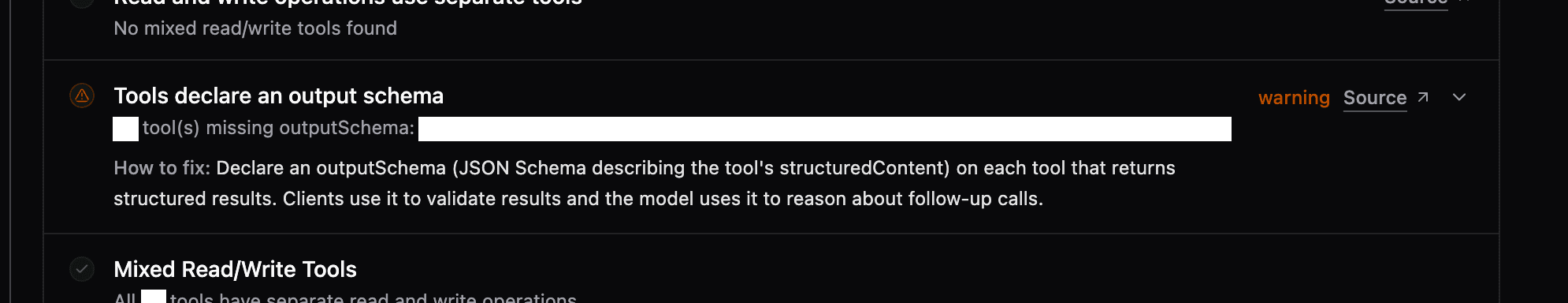 Manufact warning for tools missing an output schema