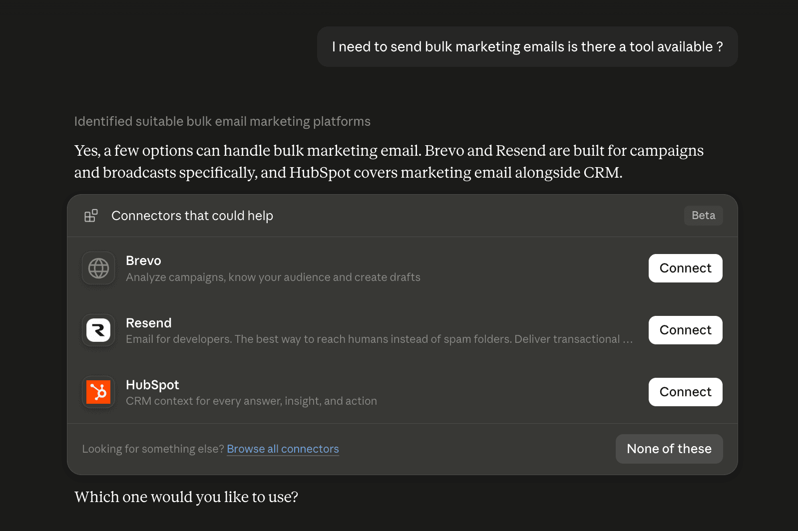 Claude recommending Brevo, Resend, and HubSpot connectors for a bulk marketing email request
