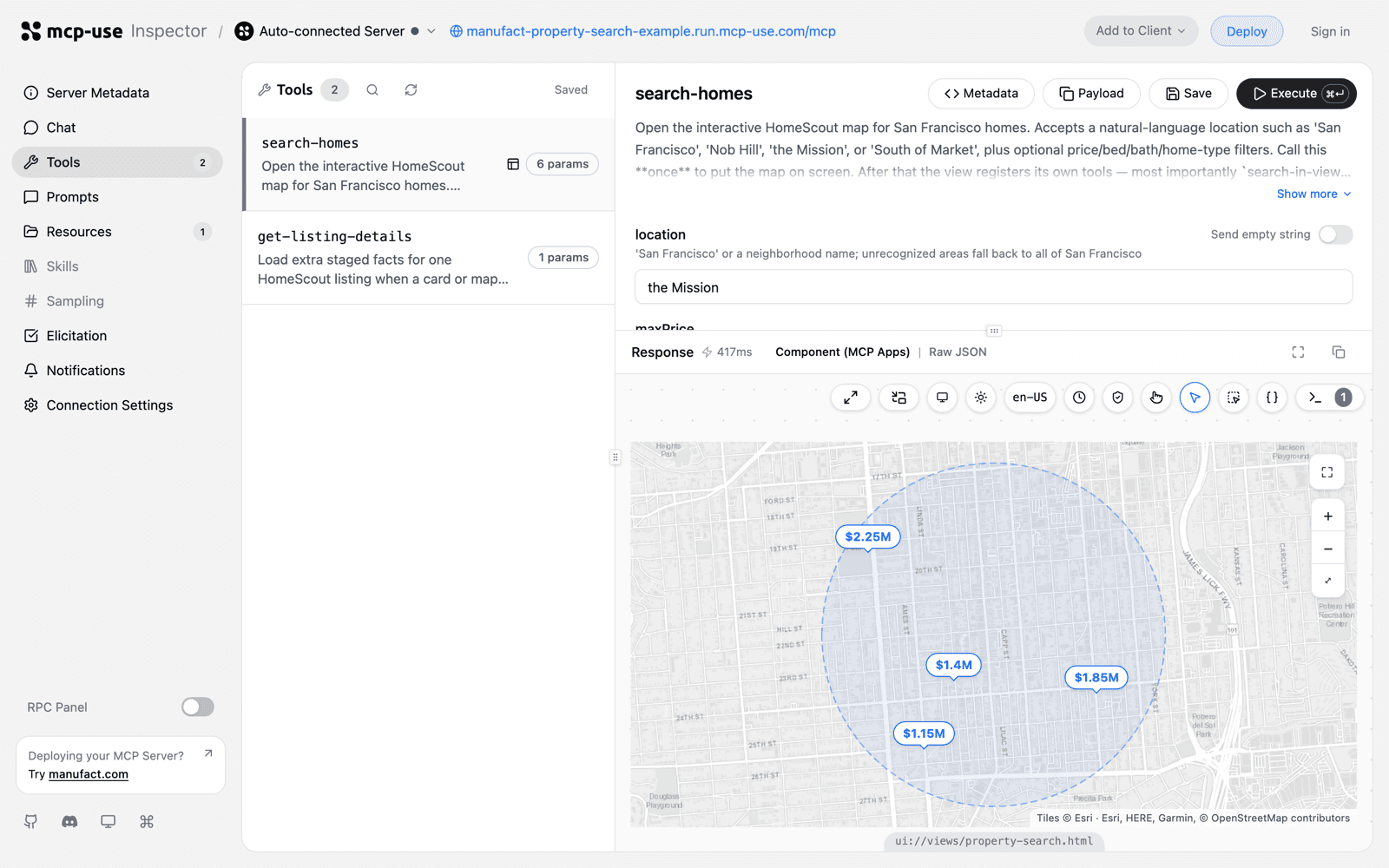 The mcp-use Inspector calling search-homes with location "the Mission" against a deployed server, returning in 417ms and rendering the property map view