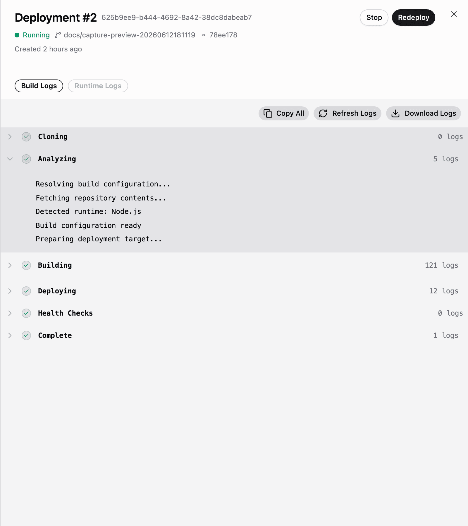 Manufact deployment drawer showing a running deployment, source branch and commit, and build-log stages