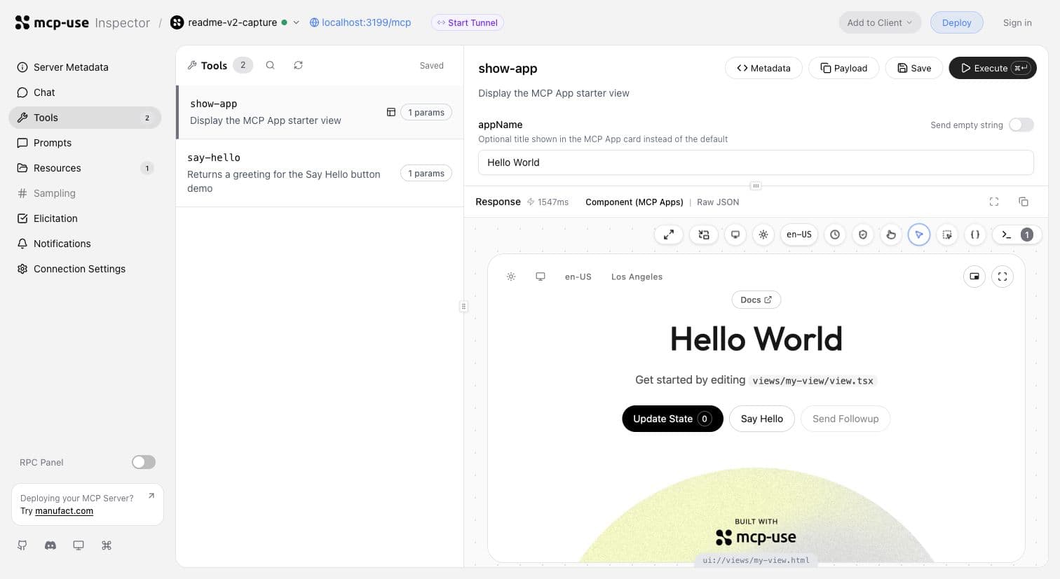 An mcp-use MCP App rendered in Inspector