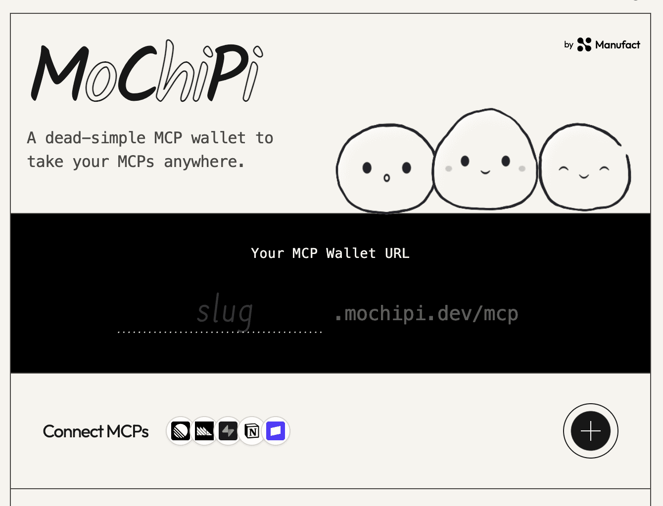 MoChiPi: a dead-simple MCP wallet to take your MCPs anywhere, showing the slug.mochipi.dev/mcp wallet URL and connected MCP services