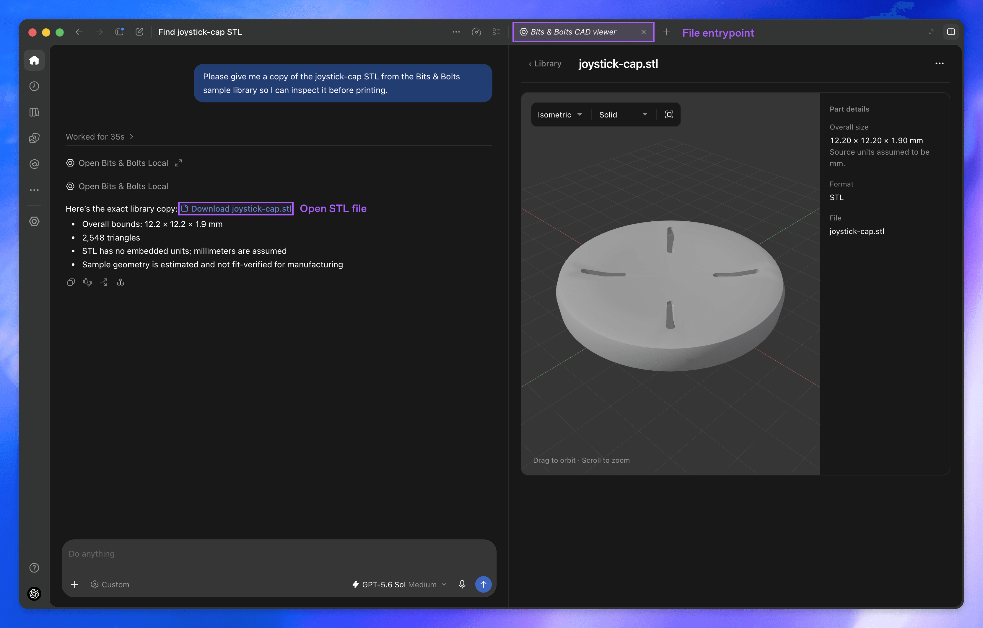 A joystick-cap STL file opened in the Bits & Bolts CAD viewer beside its conversation