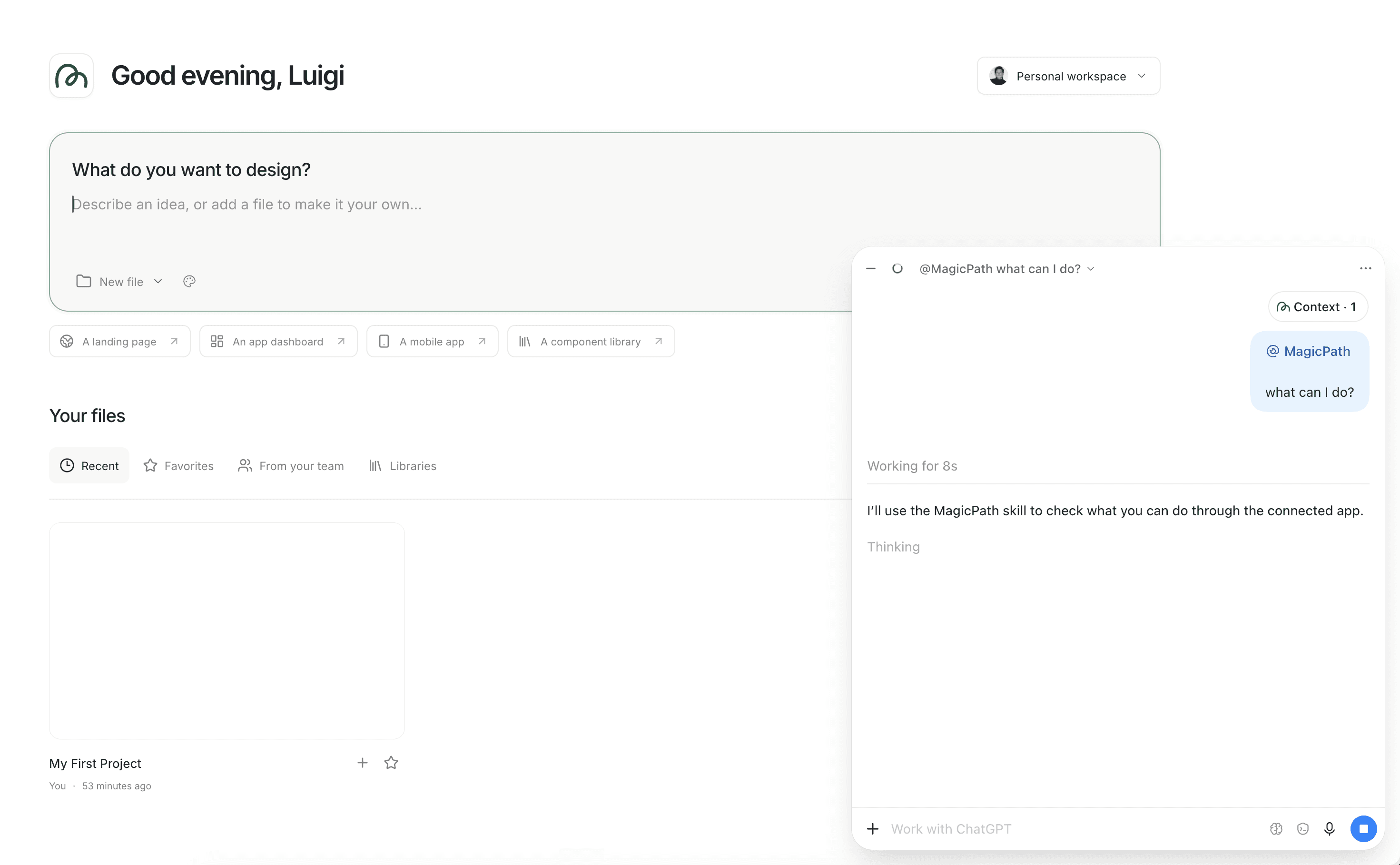 MagicPath's design workspace with a ChatGPT conversation open alongside it