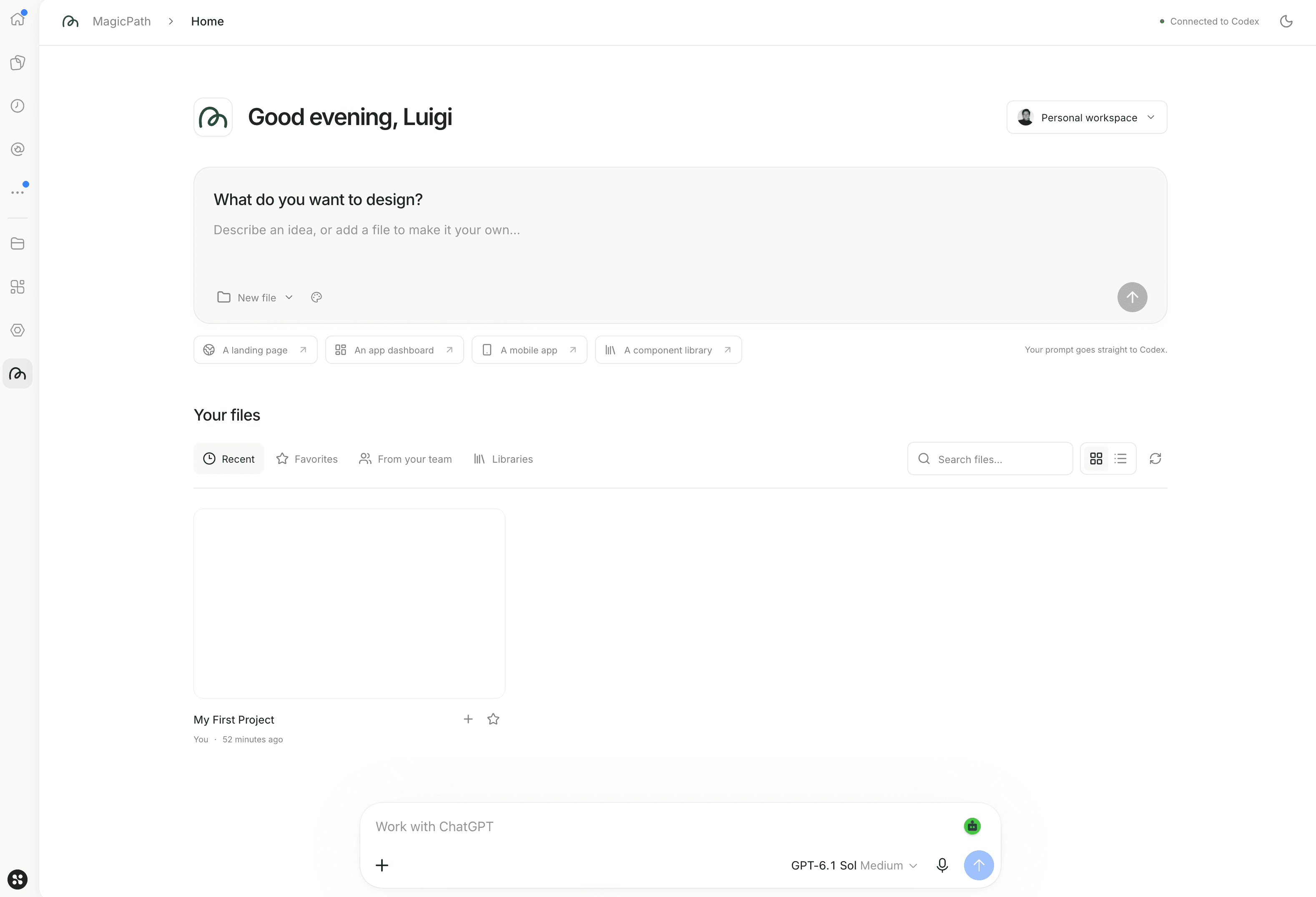 MagicPath's full workspace inside Codex, with its project library and design prompt