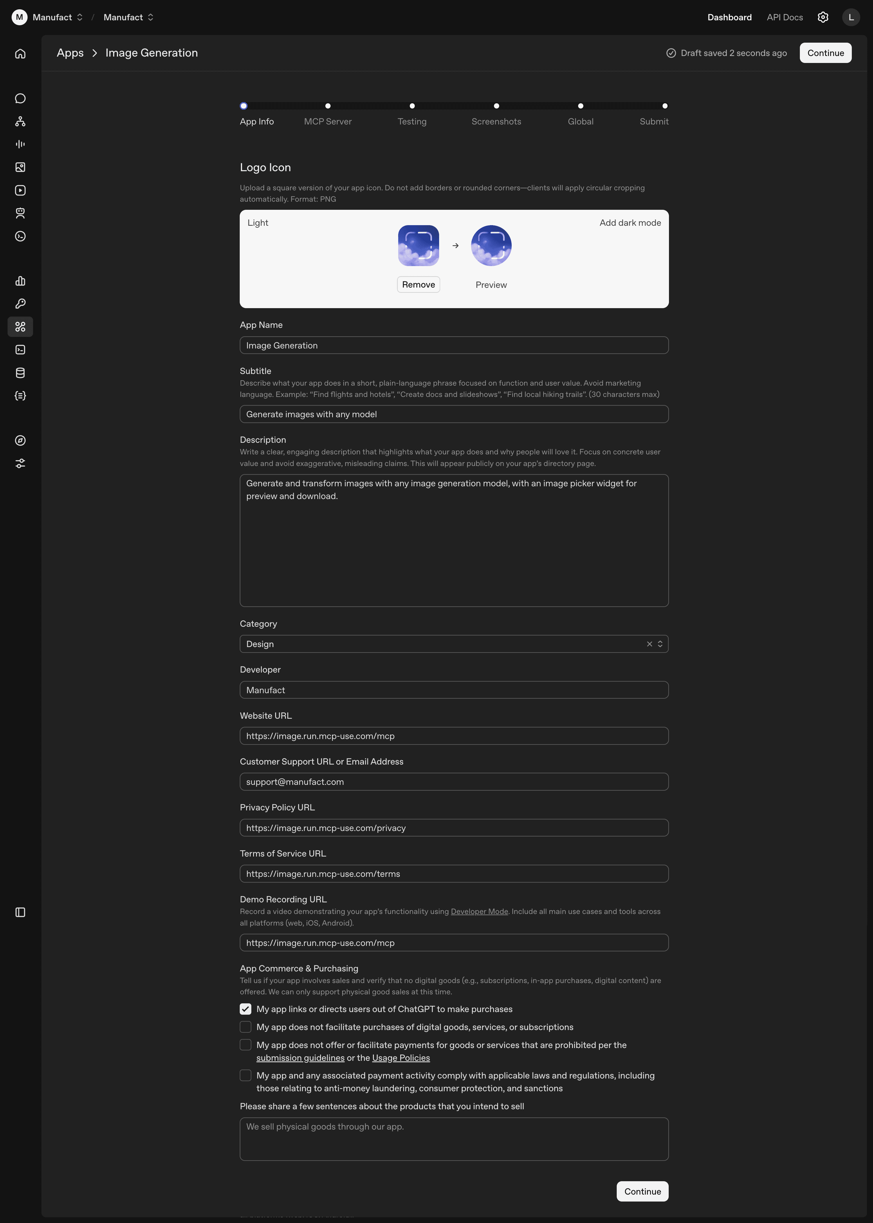 App Info form showing the 6-step progress stepper, logo upload, name, subtitle, description, category, developer, URLs, demo recording, and commerce checkbox