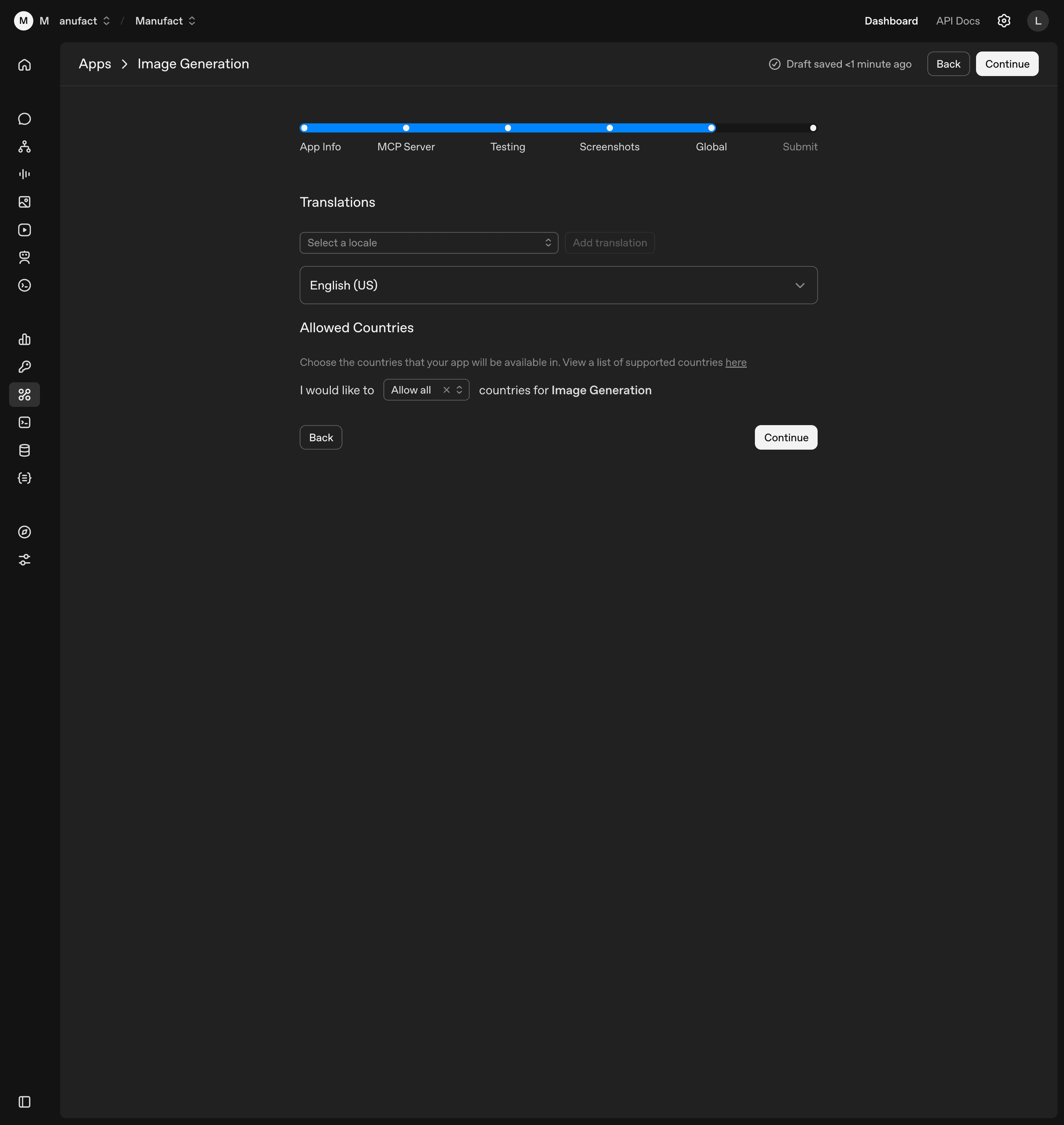 Global step showing the Translations picker (English US default) and Allowed Countries set to Allow all
