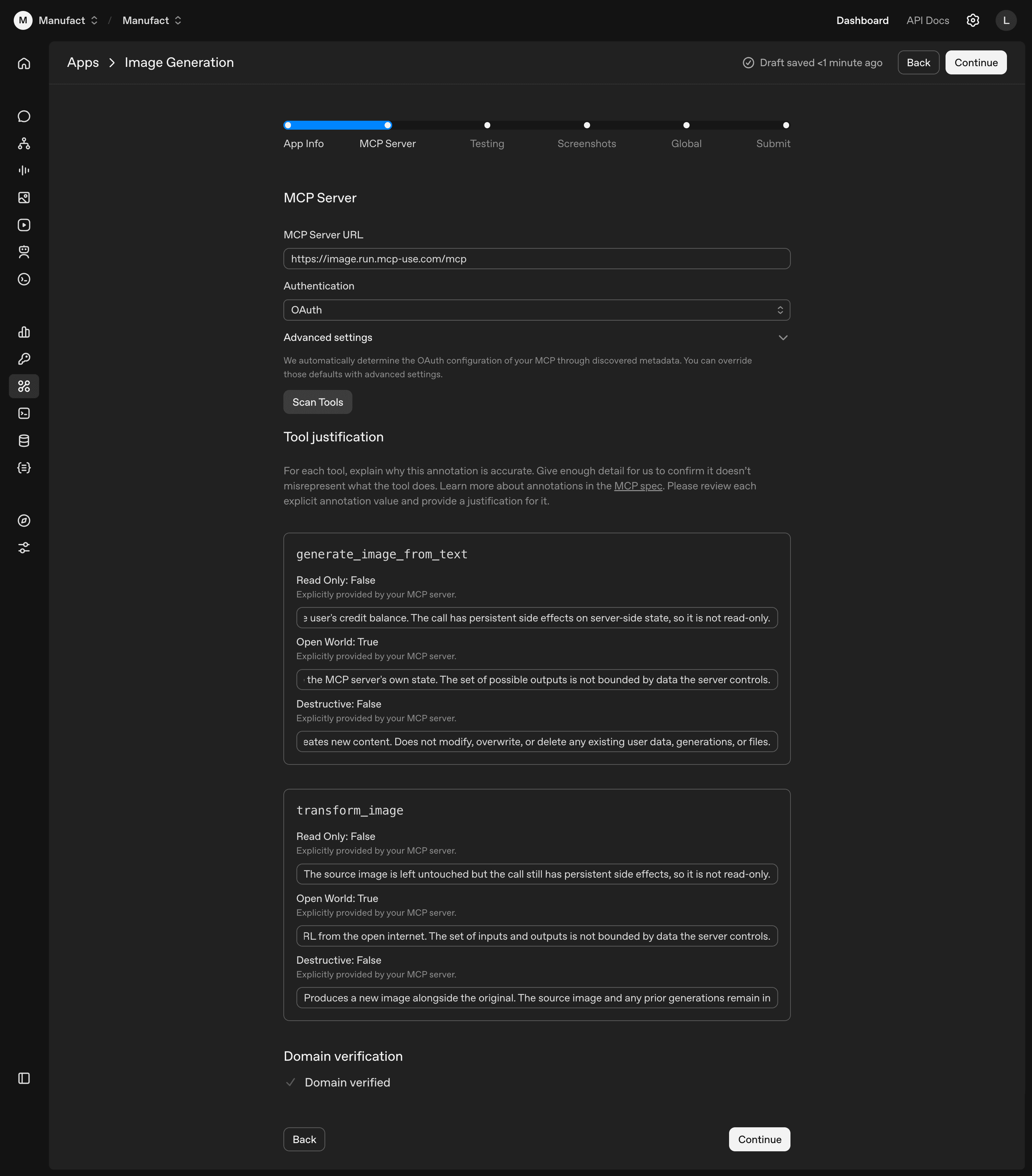 MCP Server step showing URL, OAuth auth mode, scan tools, tool justifications for generate_image_from_text and transform_image, and verified domain