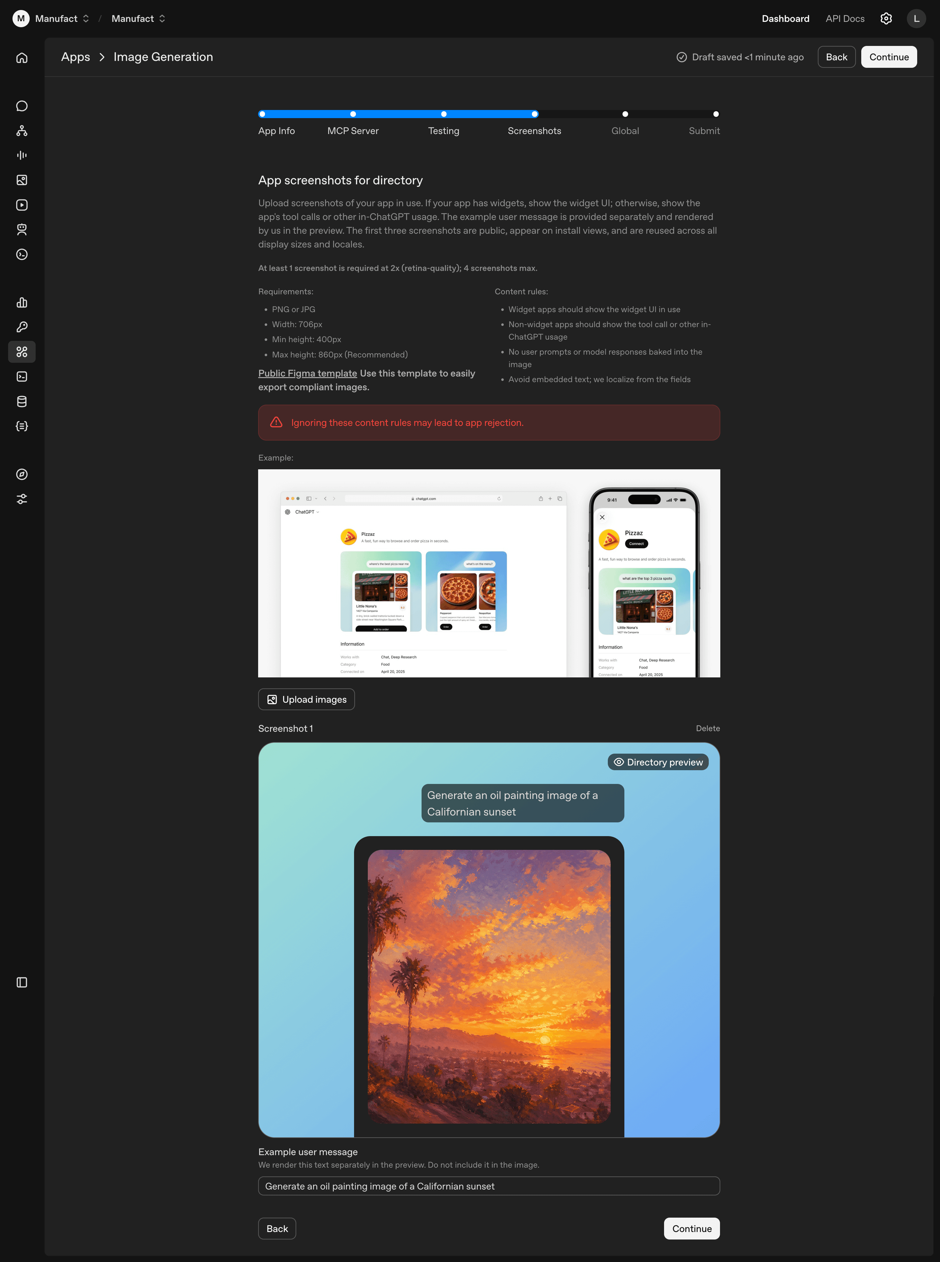 Screenshots step showing the format and content rules, the example user message field, and an uploaded screenshot in the directory preview