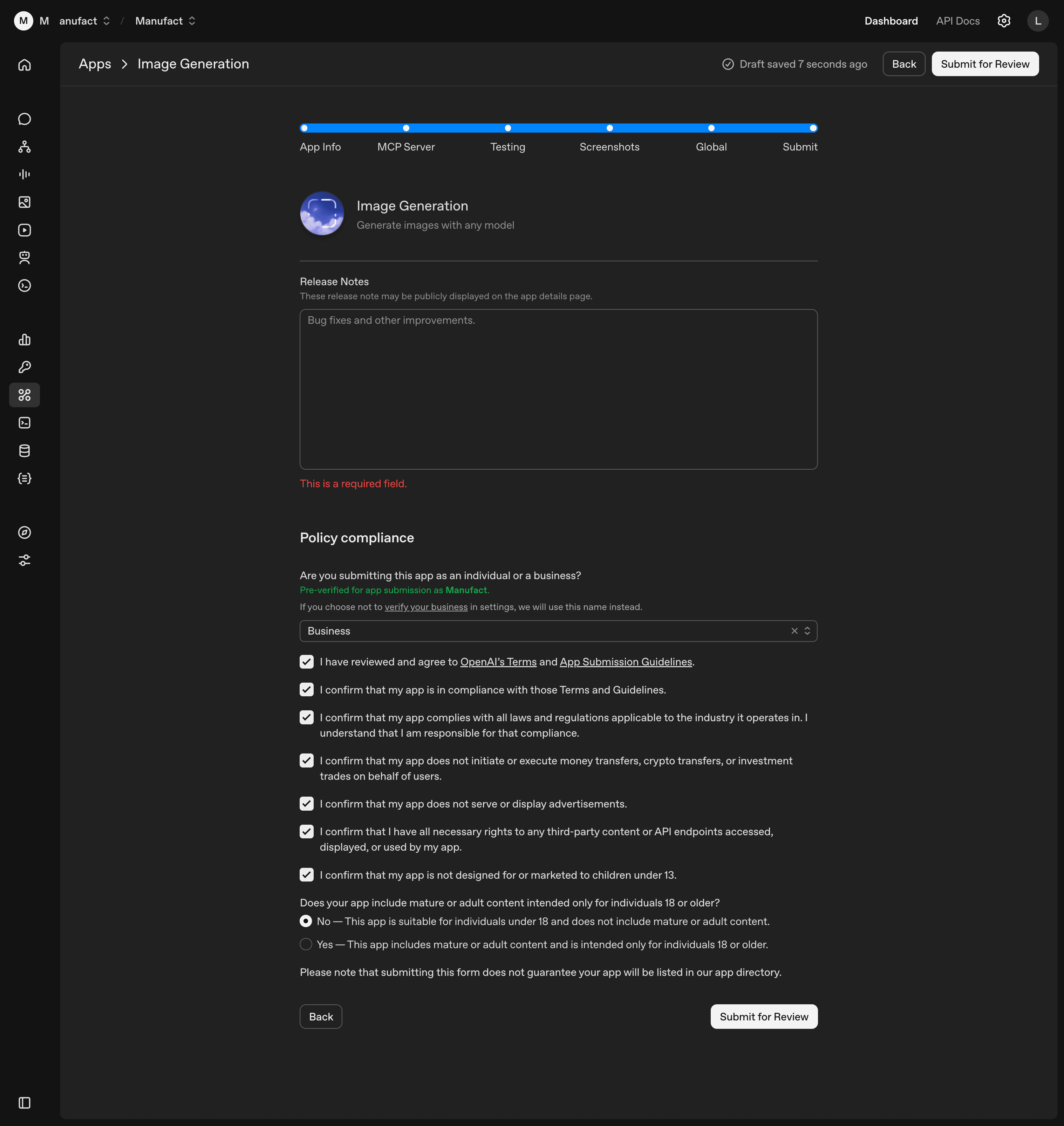 Submit step showing the app card preview, release notes field, Individual or Business selection with pre-verified org name, policy compliance checkboxes, and the mature content radio