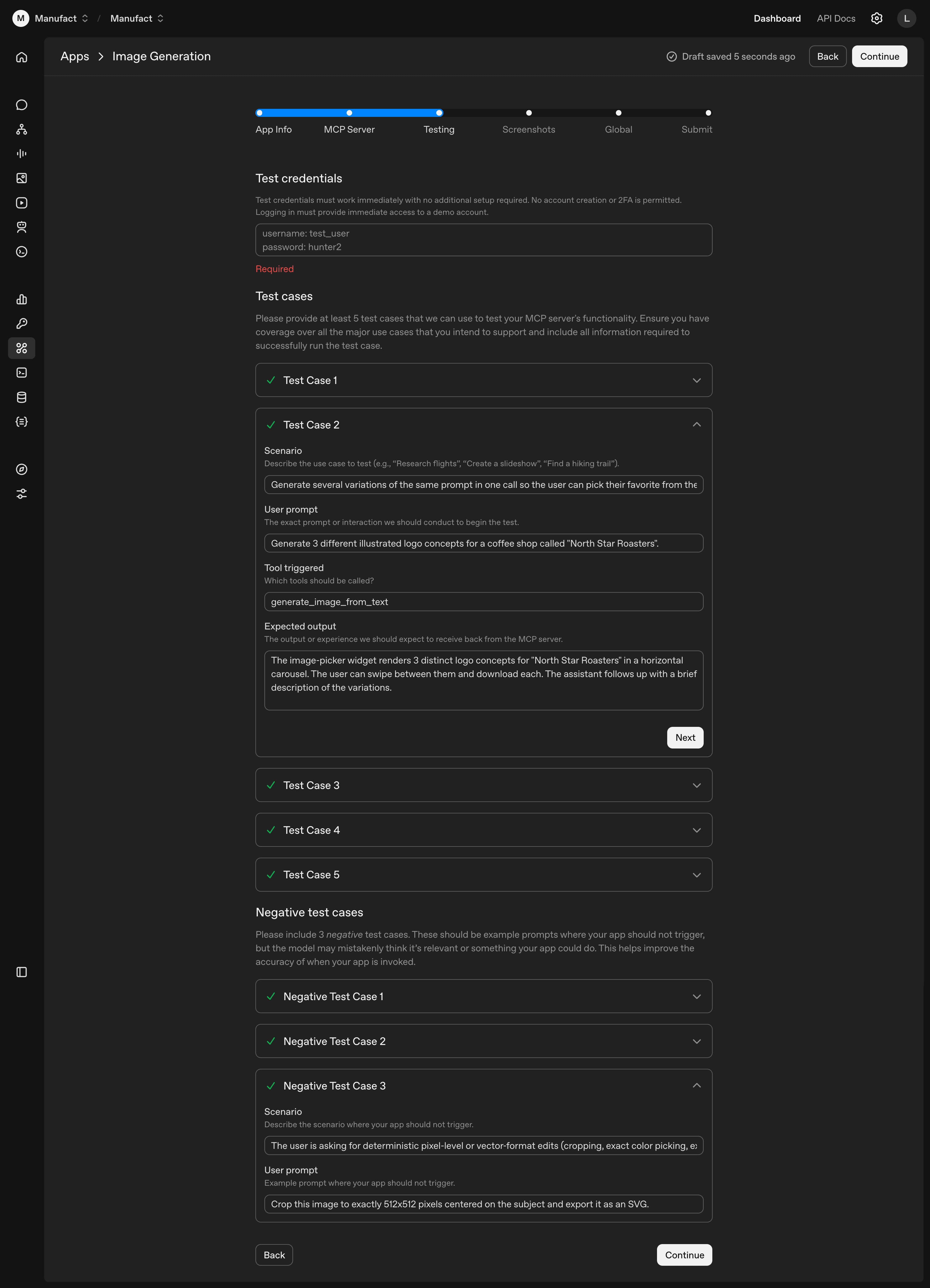 Testing step showing test credentials field, 5 positive test cases, and 3 negative test cases with one expanded to show scenario, user prompt, tool triggered, and expected output