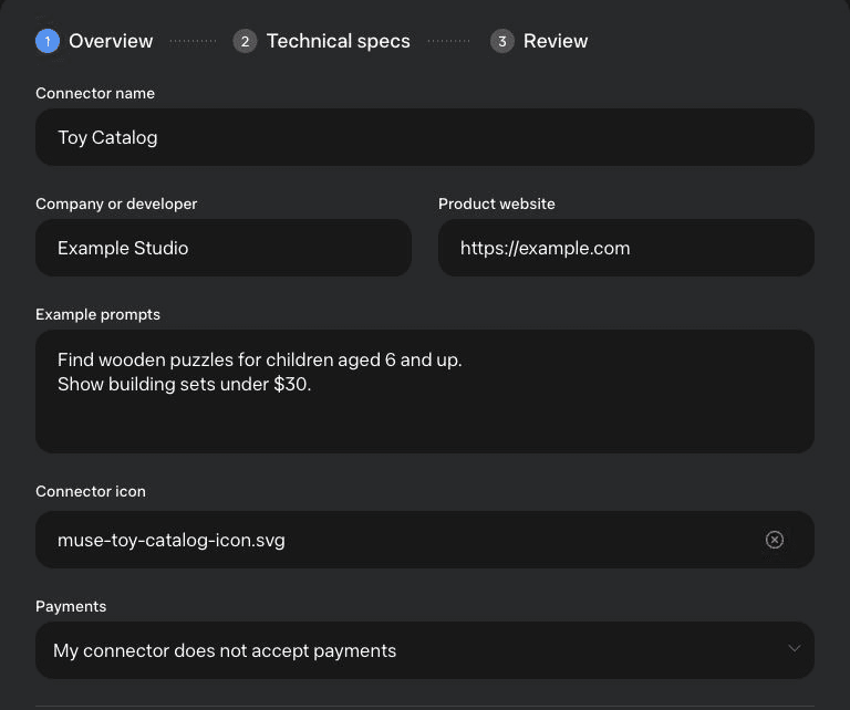 Muse Overview form with connector name, website, example prompts, icon, and payment settings