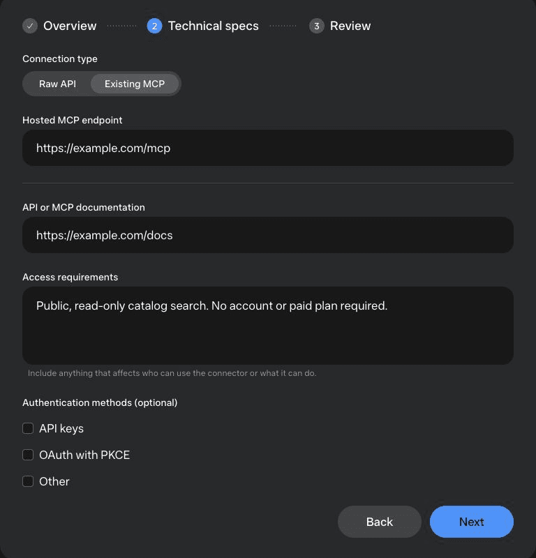 Muse Technical specs with Existing MCP selected, hosted endpoint, documentation URL, access requirements, and authentication options