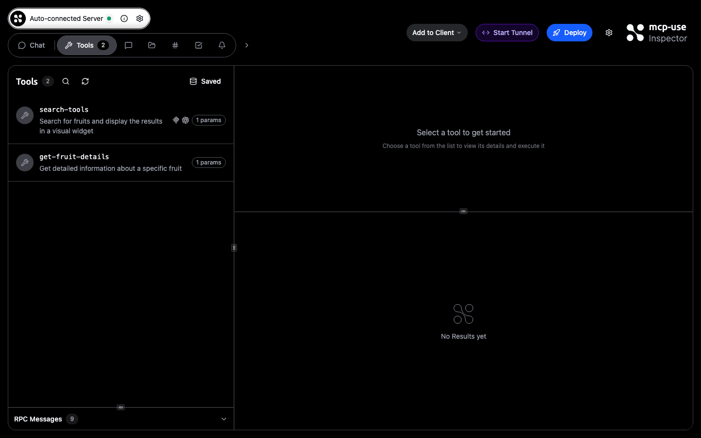 mcp-use Inspector showing the Start Tunnel button in the header alongside the connected MCP server