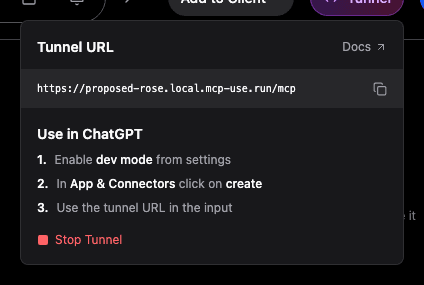 Zoomed view of the tunnel URL popover showing the full local.mcp-use.run URL and Use in ChatGPT steps