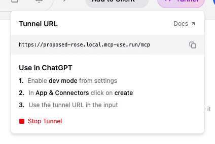 Zoomed view of the tunnel URL popover showing the full local.mcp-use.run URL and Use in ChatGPT steps