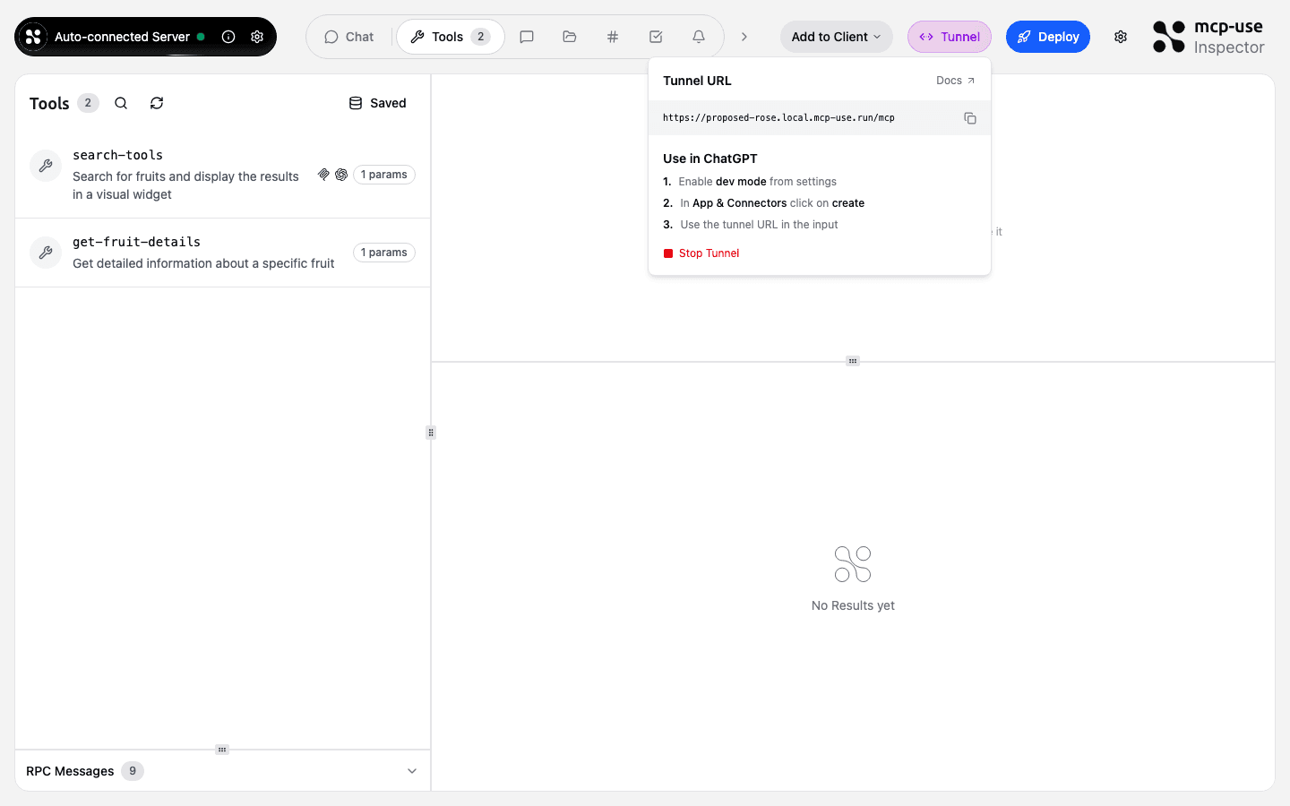Inspector with the tunnel URL popover open, showing the public mcp-use.run URL and ChatGPT connection steps