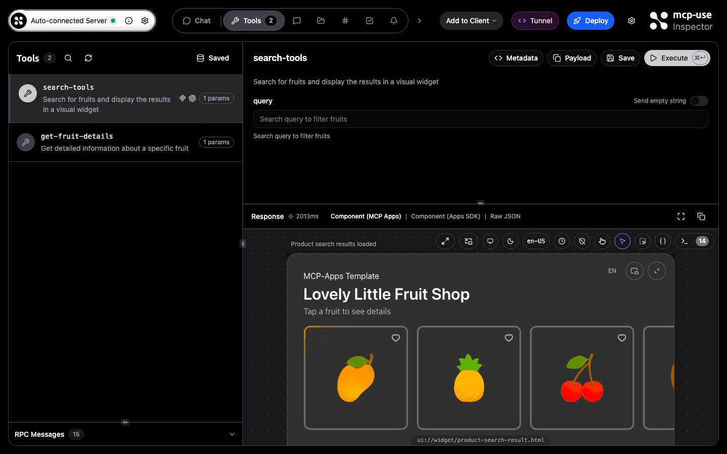 mcp-use Inspector showing the search-tools response rendered as a visual widget with a fruit carousel