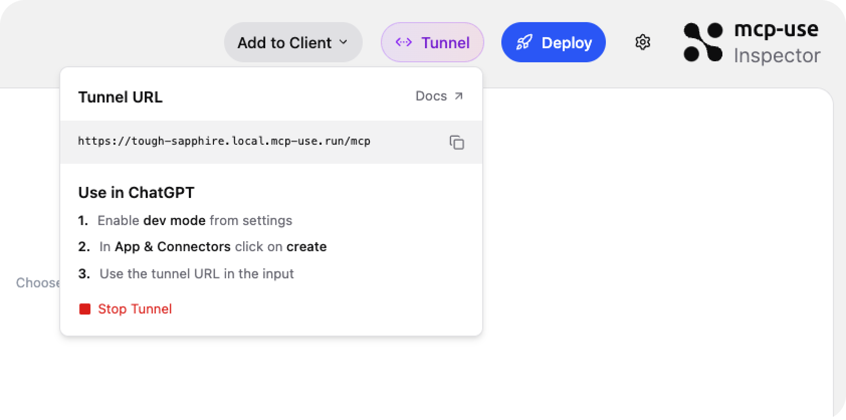 Inspector tunnel popover showing the public mcp-use.run URL and steps to install in ChatGPT