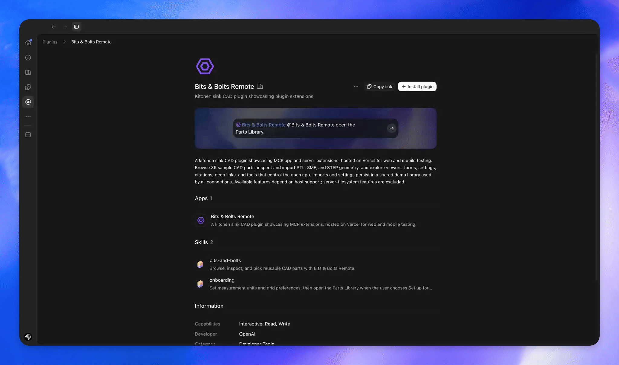 Animated Bits & Bolts demo showing the plugin's sidebar entry point and parts library
